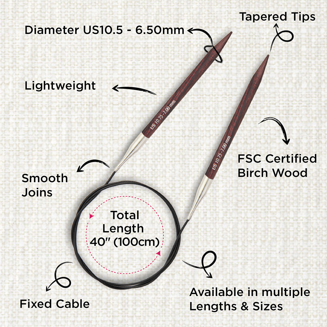 KnitPro Dreamz 6.5mm fixed circular knitting needle with birch wood tips and 100cm cable