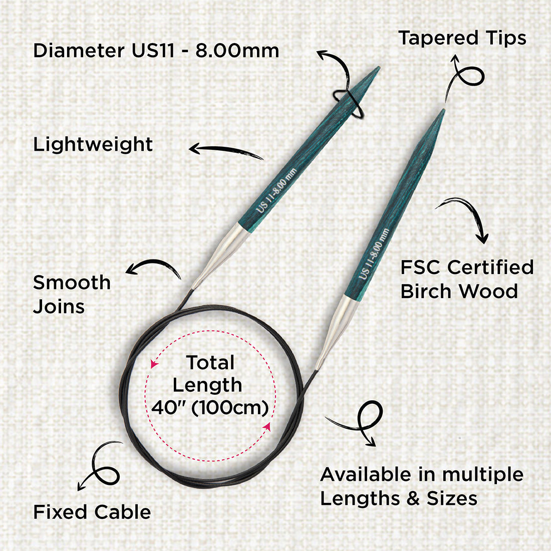 KnitPro Dreamz 8mm fixed circular knitting needle with birch wood tips and 100cm cable