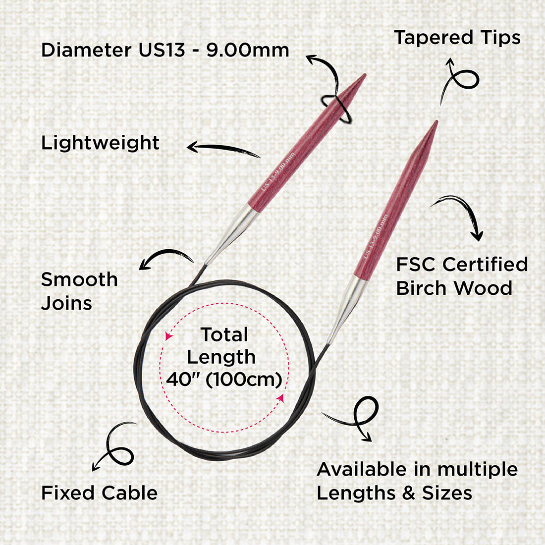 KnitPro Dreamz 9mm fixed circular knitting needle with birch wood tips and 100cm cable
