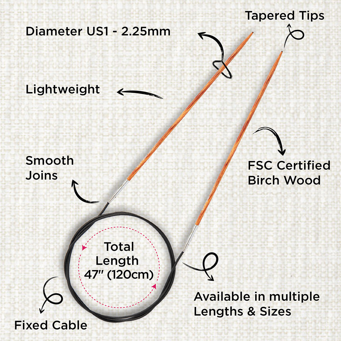 KnitPro Dreamz 2.25mm fixed circular knitting needle with birch wood tips and 120cm cable