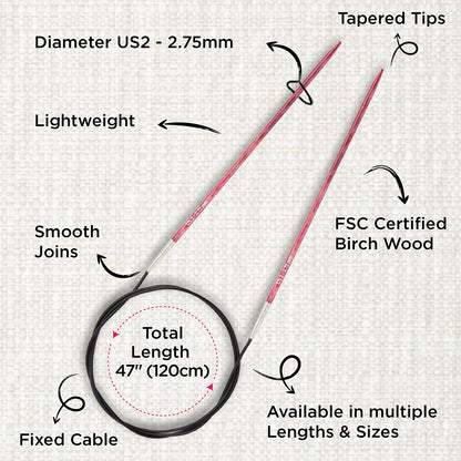 KnitPro Dreamz 2.75mm fixed circular knitting needle with birch wood tips and 120cm cable