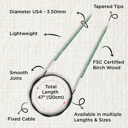 KnitPro Dreamz 3.5mm fixed circular knitting needle with birch wood tips and 120cm cable