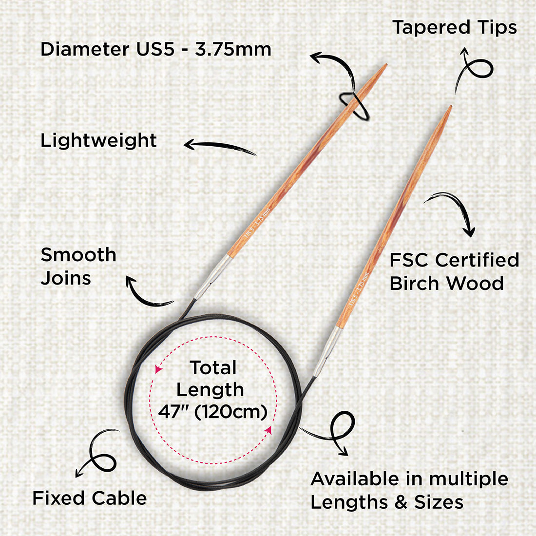 KnitPro Dreamz 3.75mm fixed circular knitting needle with birch wood tips and 120cm cable
