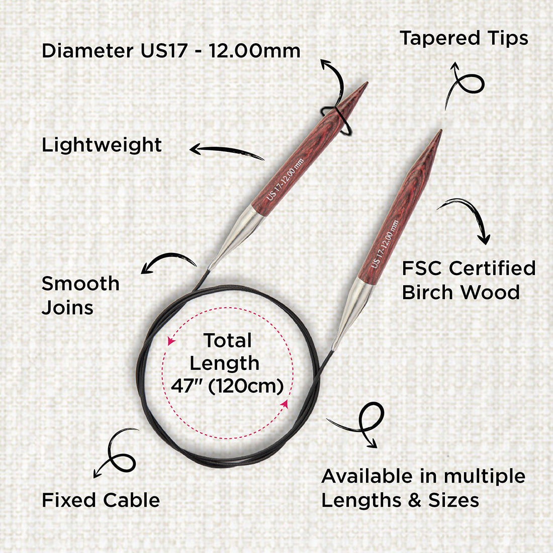 KnitPro Dreamz 12.00mm fixed circular knitting needle with wooden tips and coiled cable
