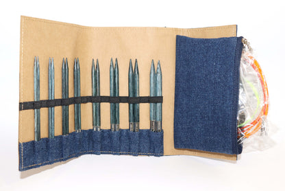 KnitPro Indigo wood interchangeable needle set in a denim case