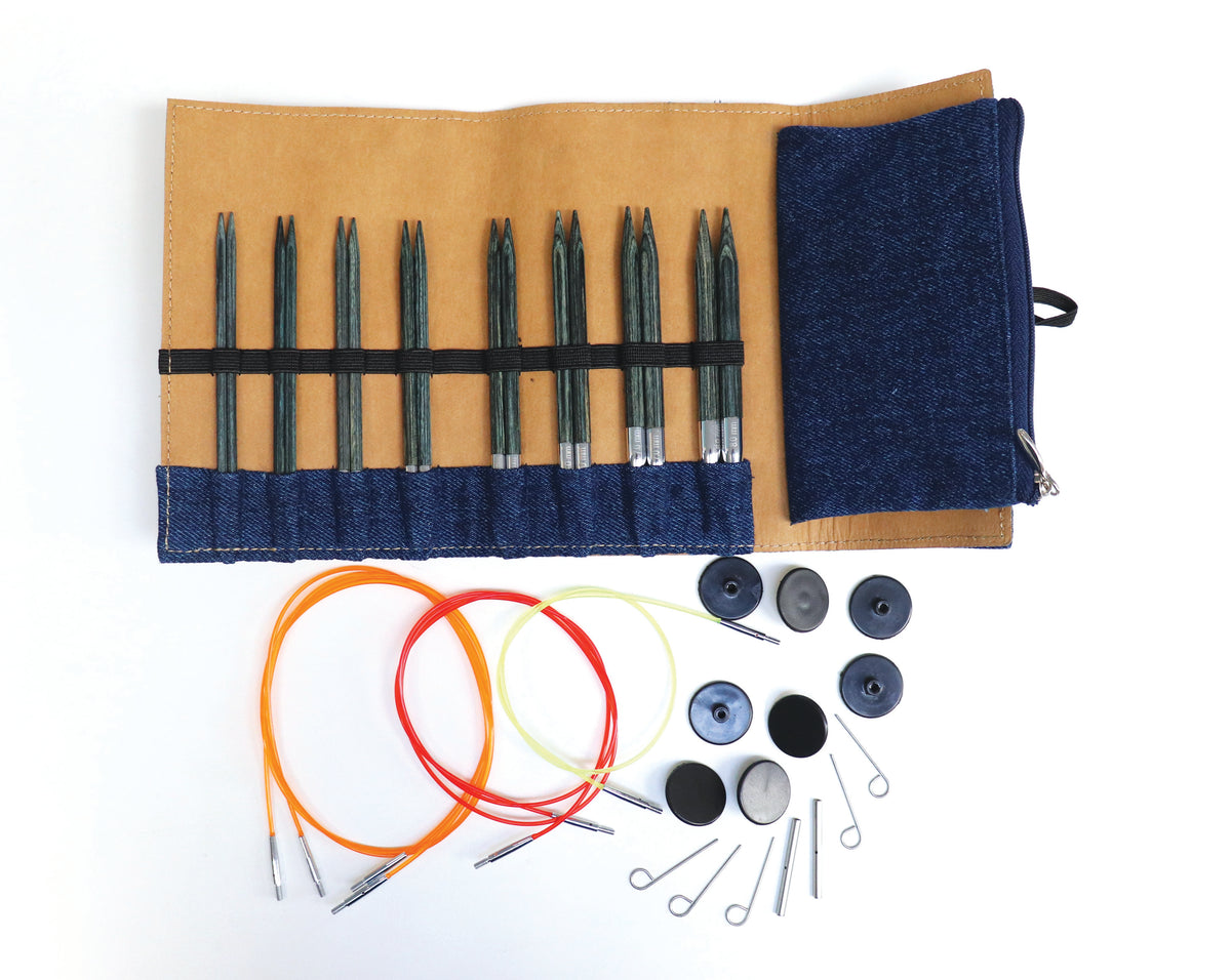 KnitPro Indigo wood interchangeable needle set in a denim case