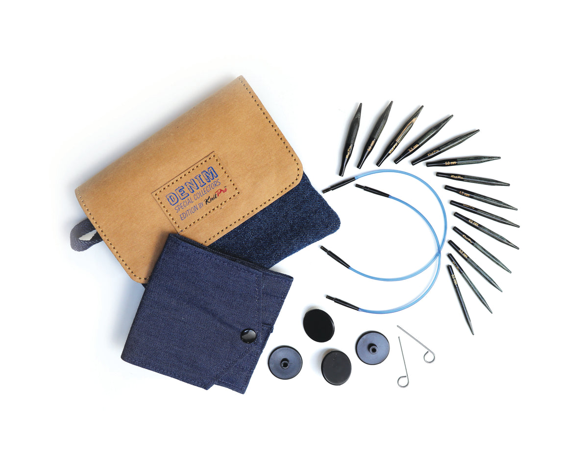 KnitPro Indigo wood mini interchangeable needle set in a denim case