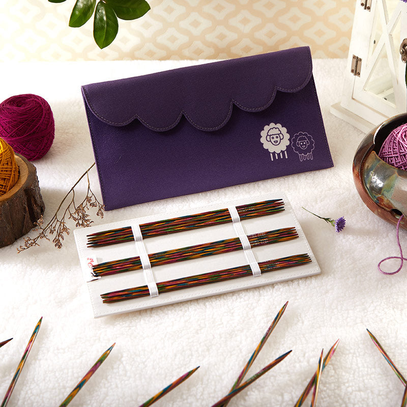 KnitPro Symfonie double pointed sock needle set in a purple fabric case