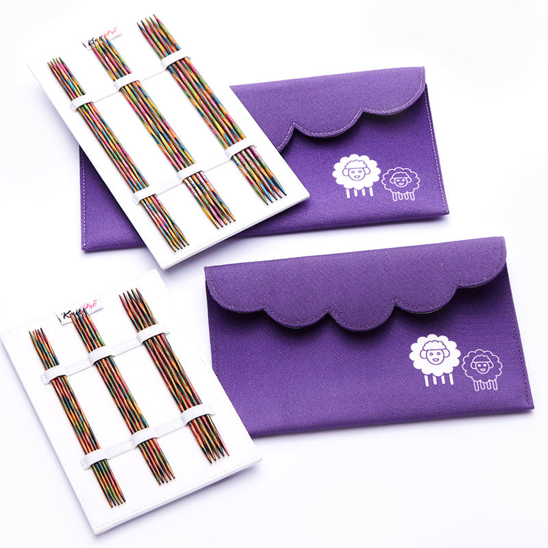 KnitPro Symfonie double pointed sock needle set in a purple fabric case