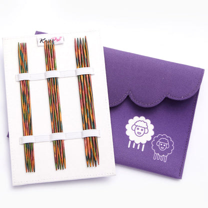 KnitPro Symfonie double pointed sock needle set in a purple fabric case