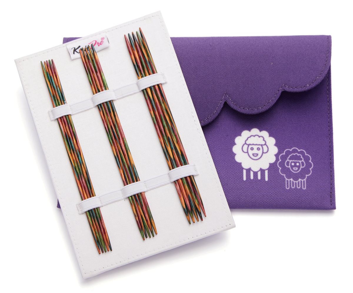 KnitPro Symfonie 15cm double pointed sock needle set in a purple fabric case