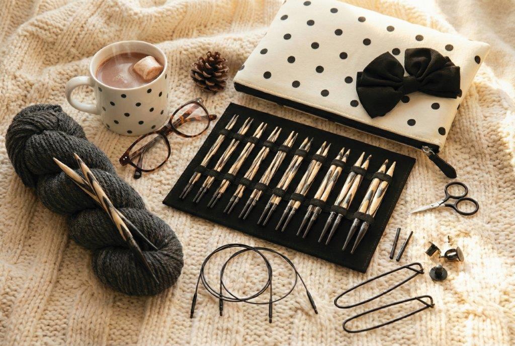 KnitPro Cherie interchangeable knitting needle set in a polka-dot case with black bow