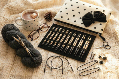 KnitPro Cherie interchangeable knitting needle set in a polka-dot case with black bow
