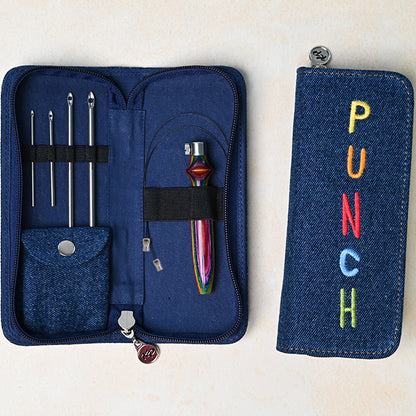 KnitPro Vibrant punch needle set with wooden handle and needles in a blue denim case