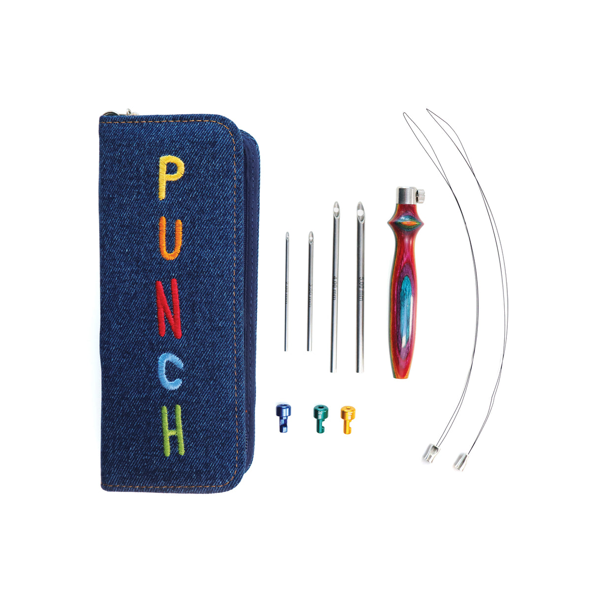 KnitPro Vibrant punch needle set with wooden handle and needles in a blue denim case