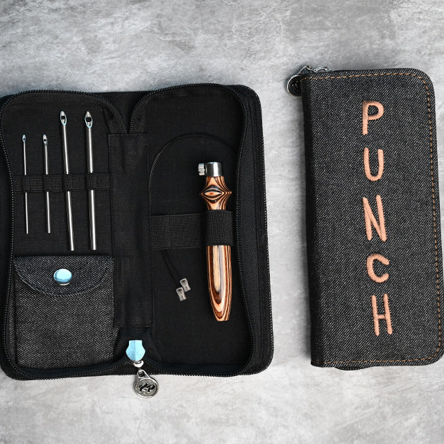 KnitPro Earthy punch needle set with wooden handle and needles in a black denim case