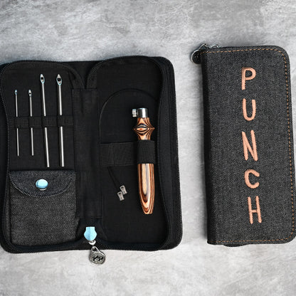 KnitPro Earthy punch needle set with wooden handle and needles in a black denim case