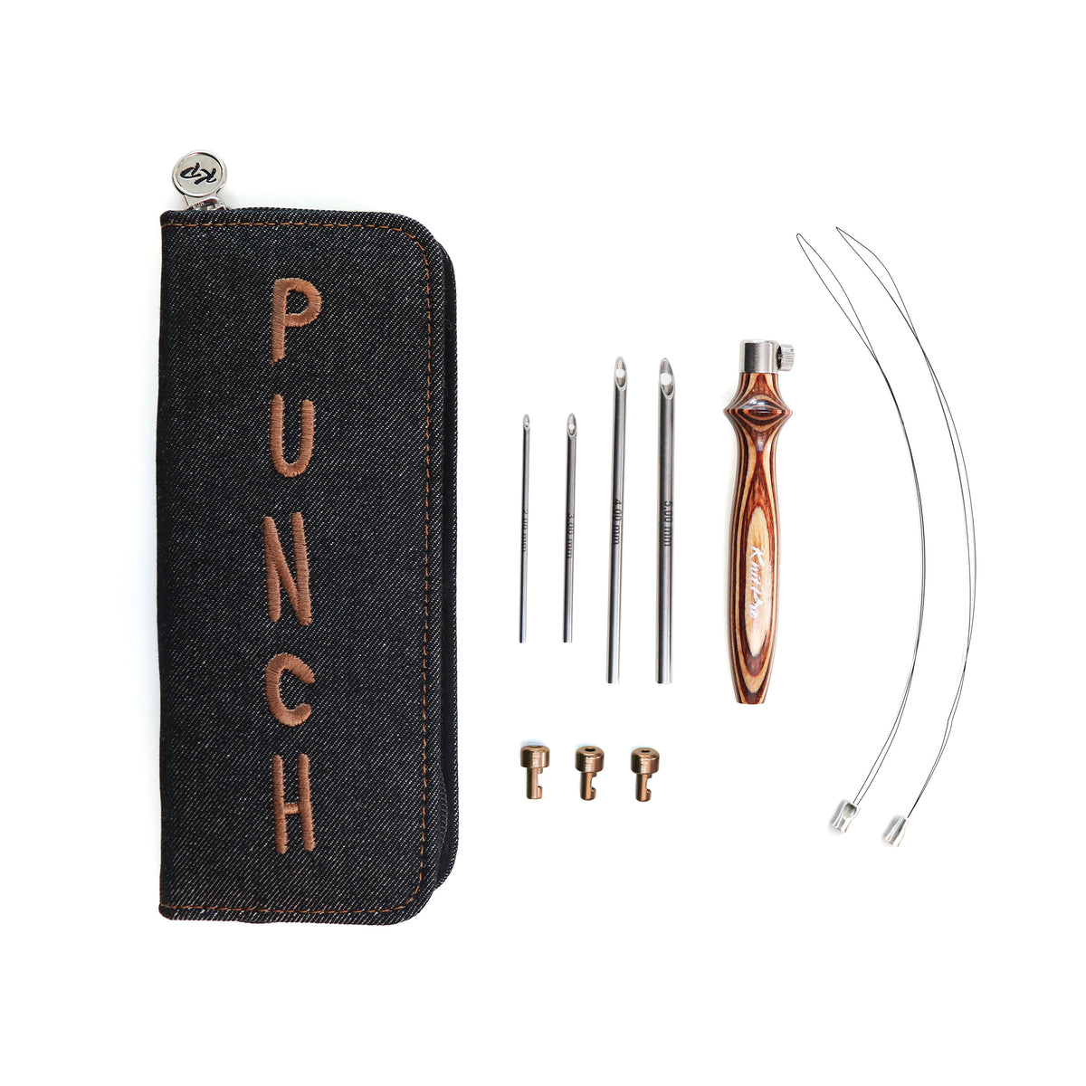 KnitPro Earthy punch needle set with wooden handle and needles in a black denim case