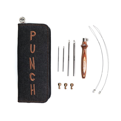 KnitPro Earthy punch needle set with wooden handle and needles in a black denim case