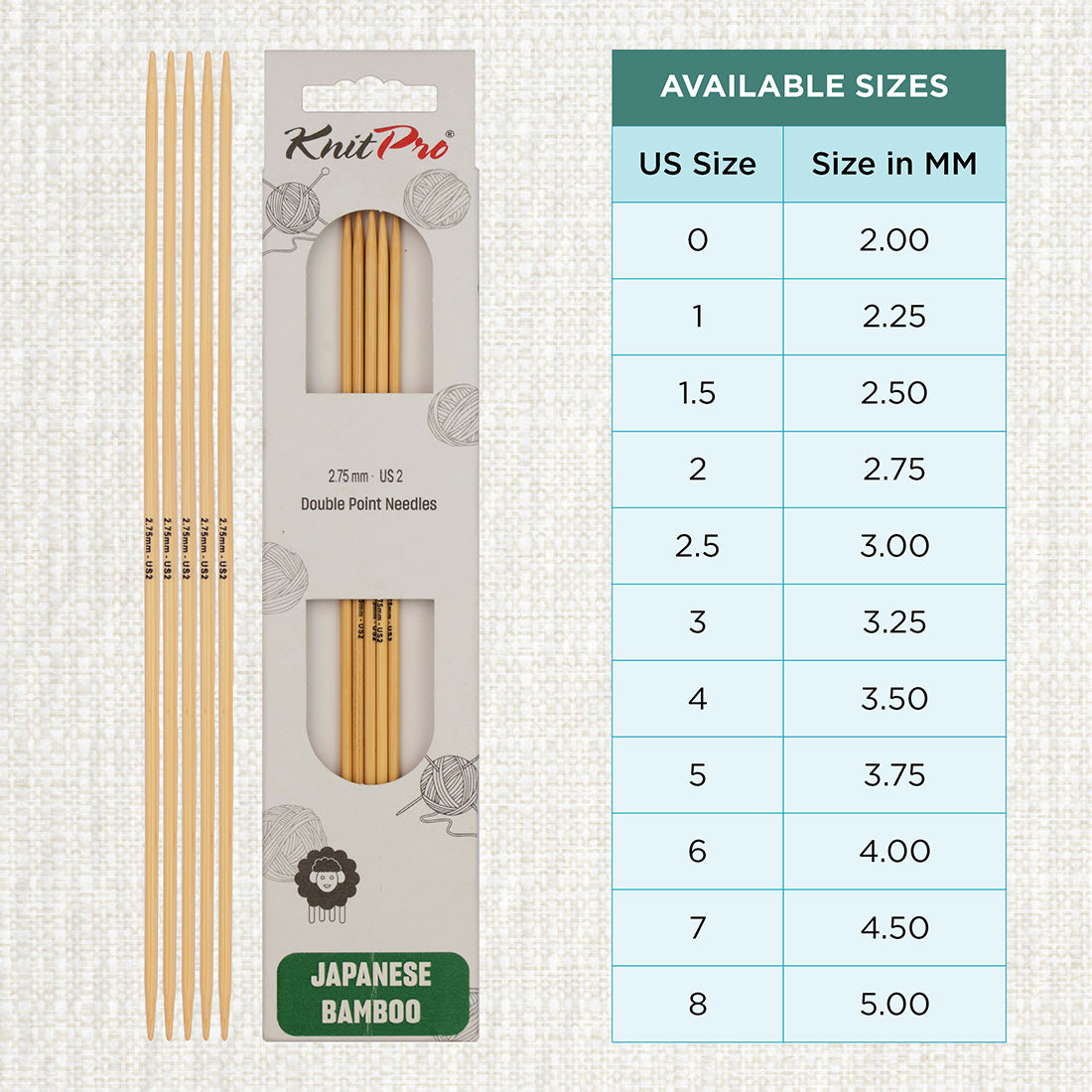 Set of 5 KnitPro bamboo double-pointed knitting needles, 2.75mm, 15cm