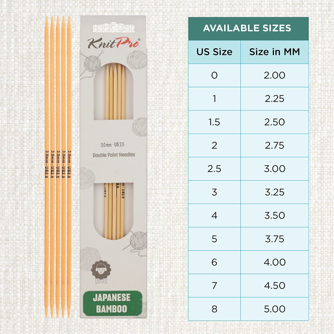 Set of 5 KnitPro bamboo double-pointed knitting needles, 3.00mm, 15cm