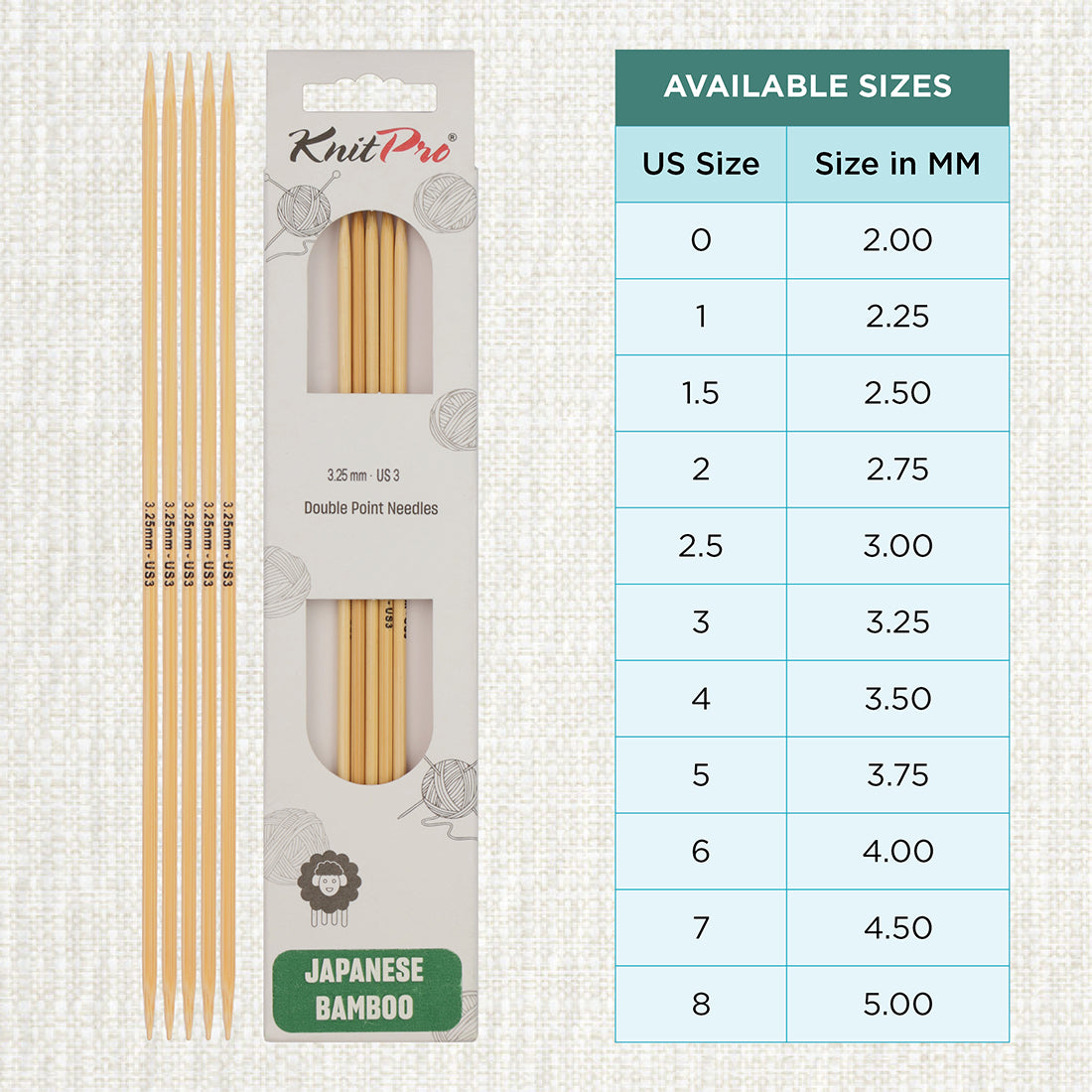 Set of 5 KnitPro bamboo double-pointed knitting needles, 3.25mm, 15cm