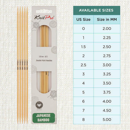 Set of 5 KnitPro bamboo double-pointed knitting needles, 3.25mm, 15cm
