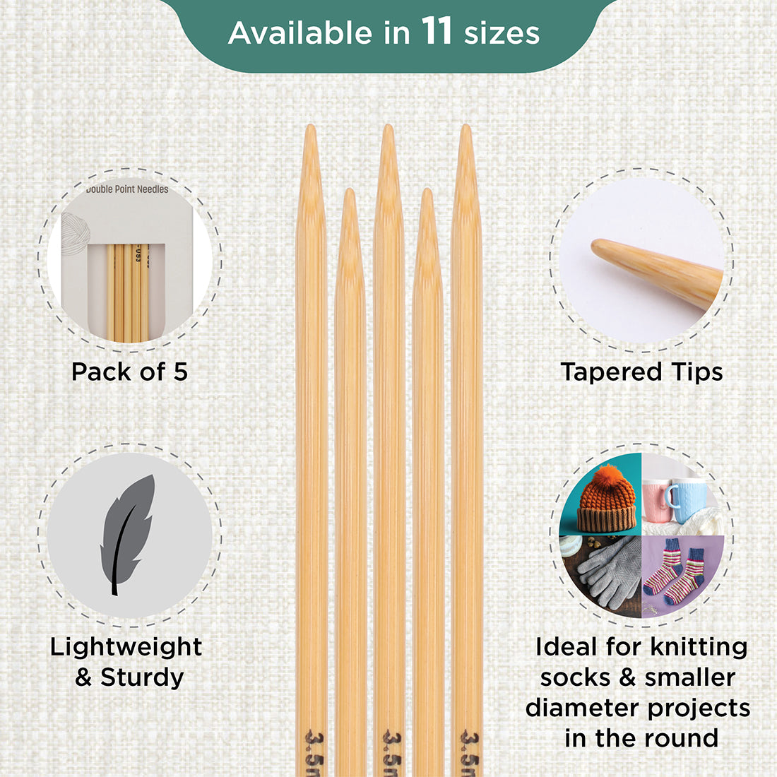 Set of 5 KnitPro bamboo double-pointed knitting needles, 3.50mm, 15cm