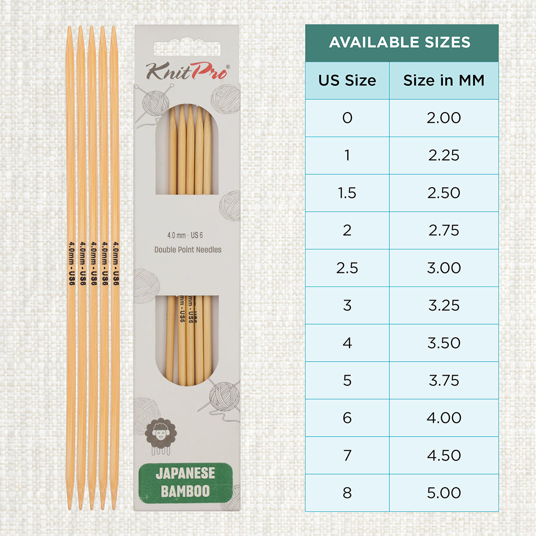 Set of 5 KnitPro bamboo double-pointed knitting needles, 4.00mm, 15cm
