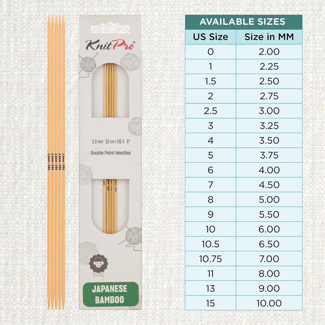 Set of 5 KnitPro bamboo double-pointed knitting needles, 2.00mm, 20cm