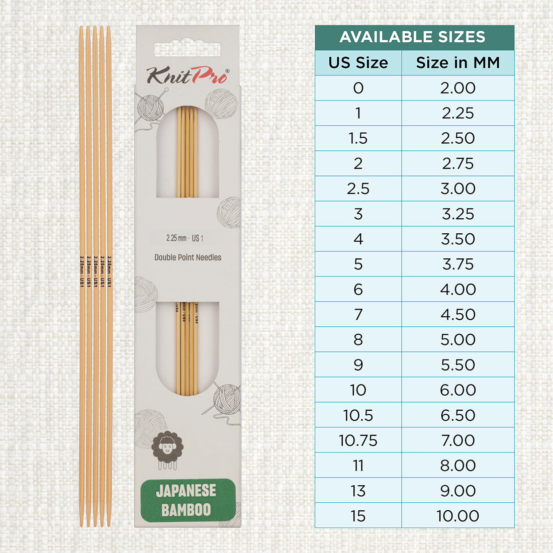 Set of 5 KnitPro bamboo double-pointed knitting needles, 2.25mm, 20cm