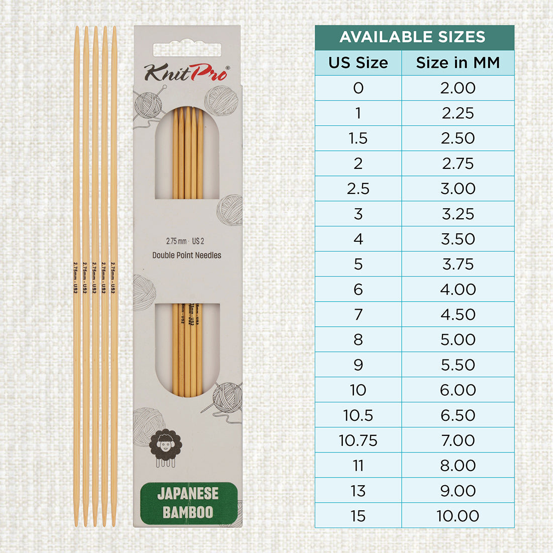 Set of 5 KnitPro bamboo double-pointed knitting needles, 2.75mm, 20cm