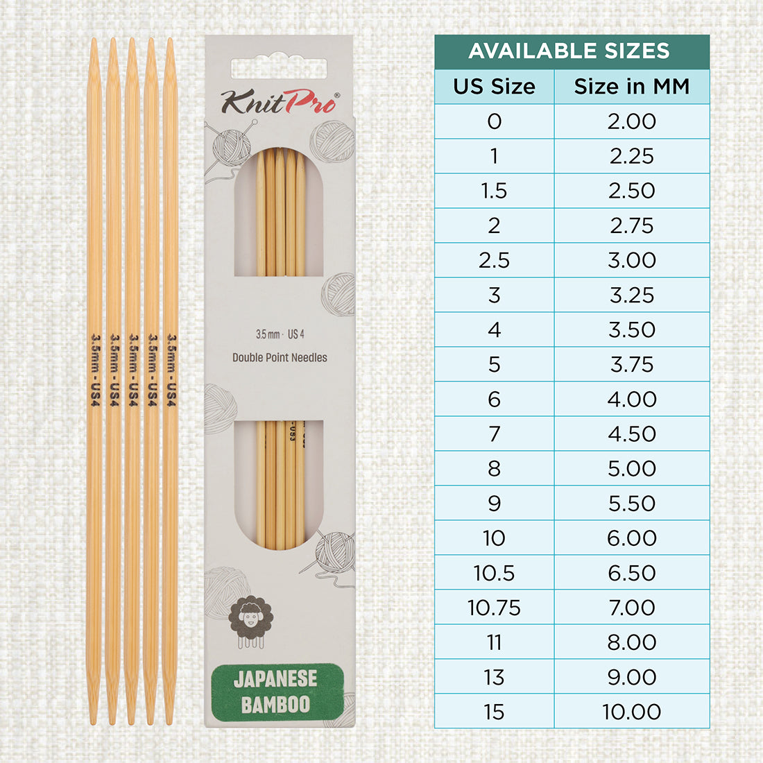Set of 5 KnitPro bamboo double-pointed knitting needles, 3.50mm, 20cm