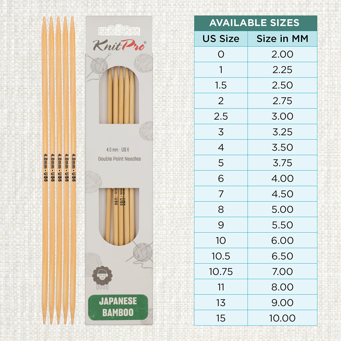 Set of 5 KnitPro bamboo double-pointed knitting needles, 4.00mm, 20cm