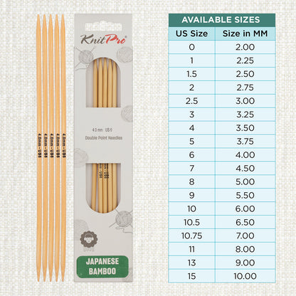 Set of 5 KnitPro bamboo double-pointed knitting needles, 4.00mm, 20cm