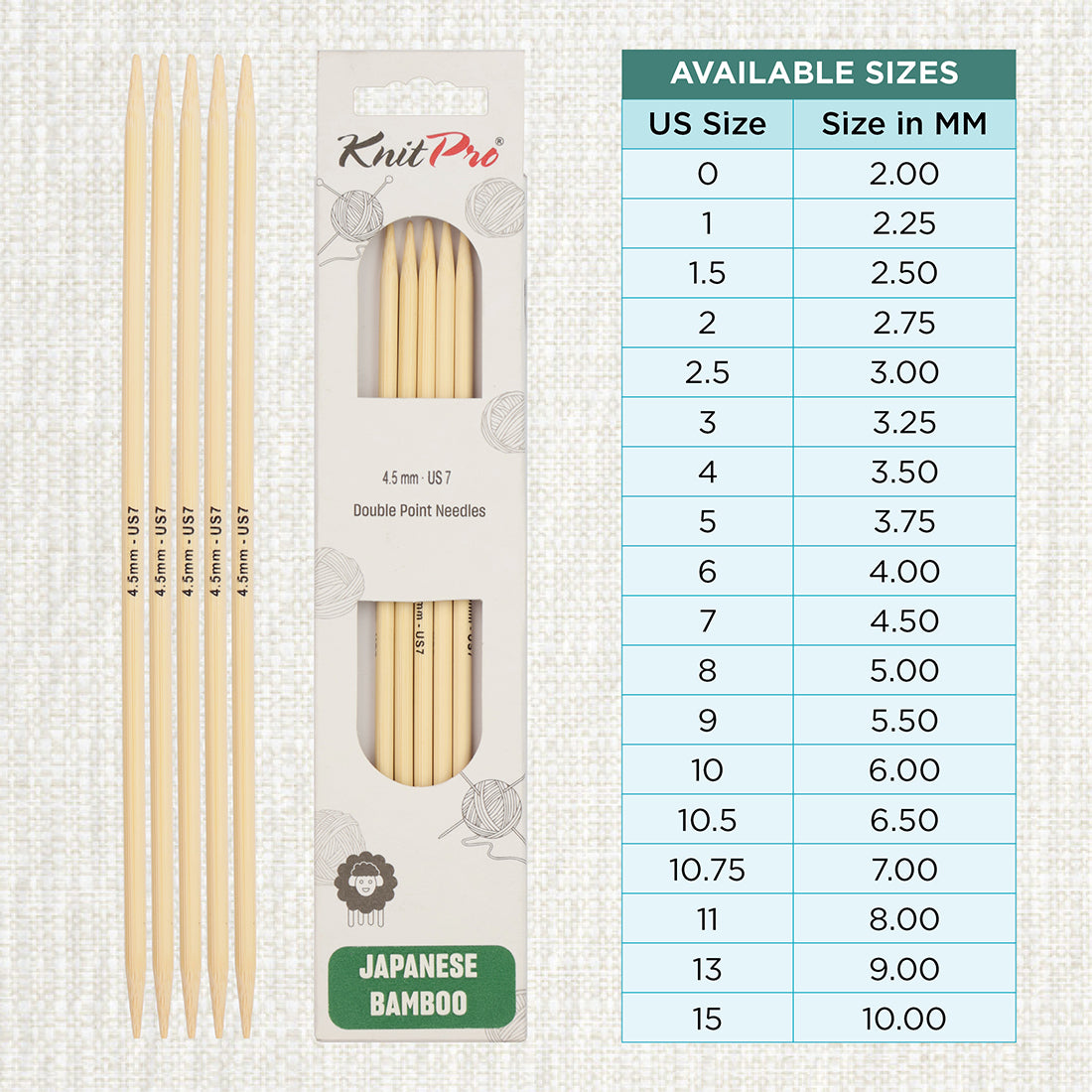 Set of 5 KnitPro bamboo double pointed knitting needles, 20cm, 4.5mm