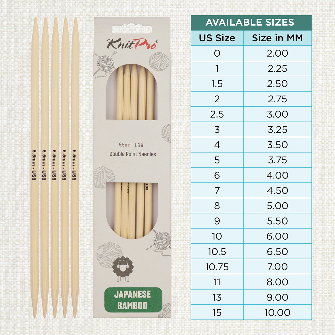 Set of 5 KnitPro bamboo double pointed knitting needles, 20cm, 5.5mm