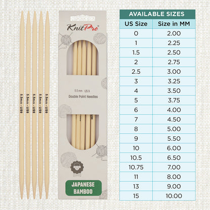 Set of 5 KnitPro bamboo double pointed knitting needles, 20cm, 5.5mm