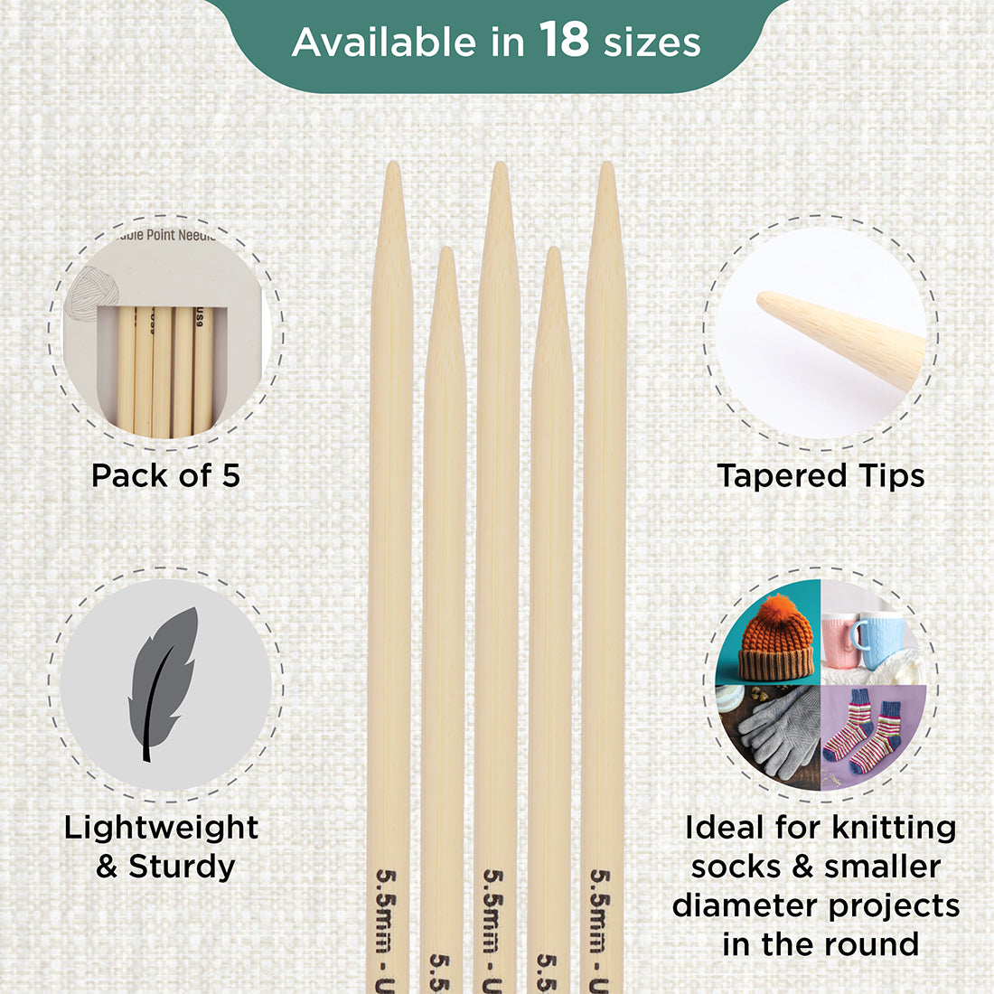 Set of 5 KnitPro bamboo double pointed knitting needles, 20cm, 5.5mm