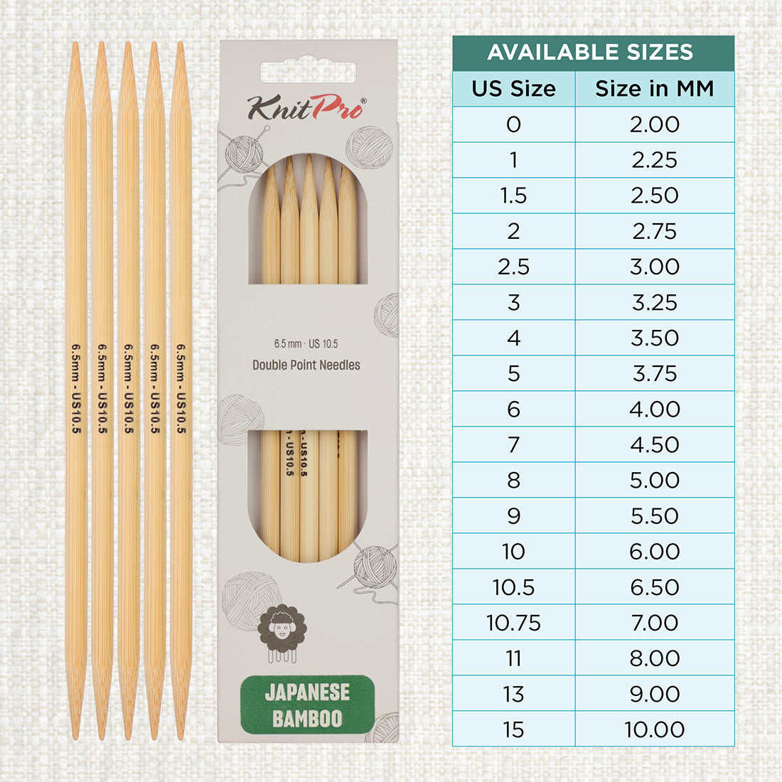 Set of 5 KnitPro bamboo double pointed knitting needles, 20cm, 6.5mm