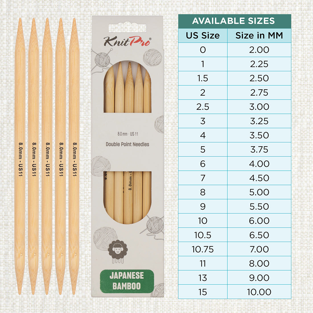Set of 5 KnitPro bamboo double pointed knitting needles, 20cm, 8mm