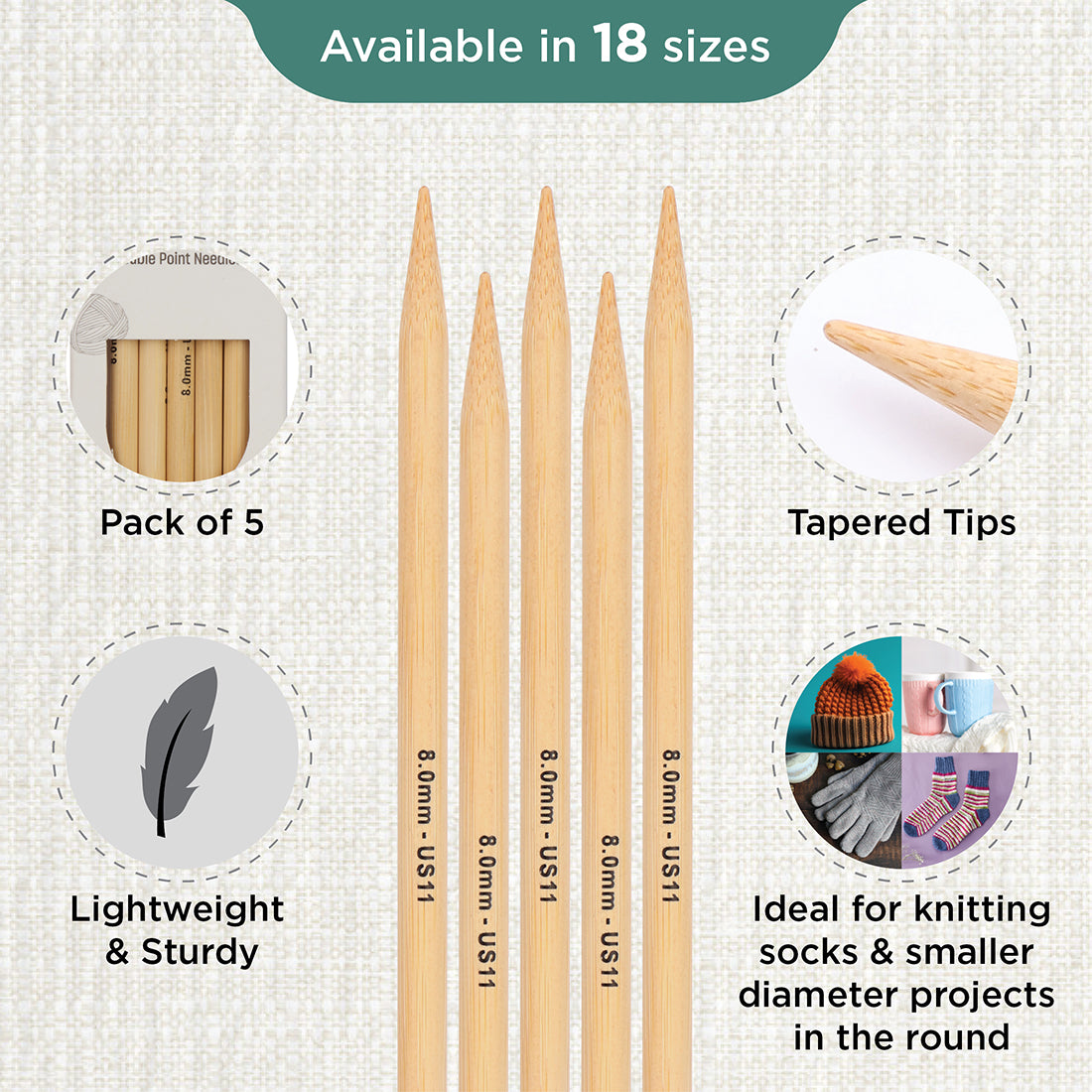 Set of 5 KnitPro bamboo double pointed knitting needles, 20cm, 8mm