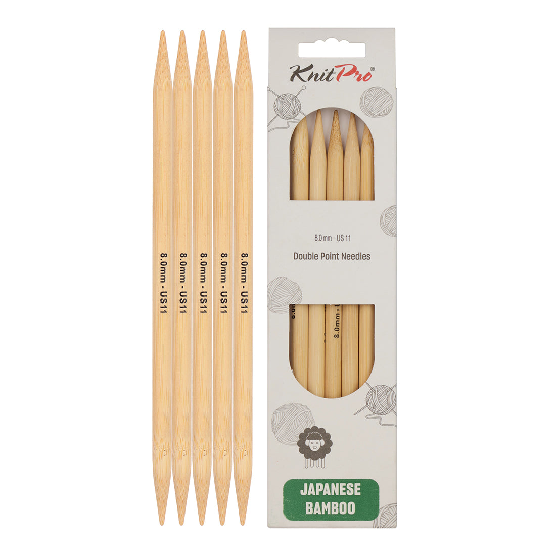 Set of 5 KnitPro bamboo double pointed knitting needles, 20cm, 8mm