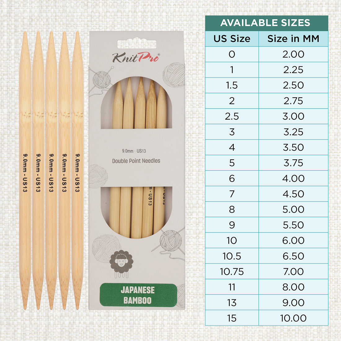 Set of 5 KnitPro bamboo double pointed knitting needles, 20cm, 9mm