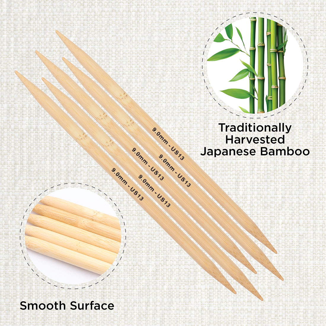 Set of 5 KnitPro bamboo double pointed knitting needles, 20cm, 9mm