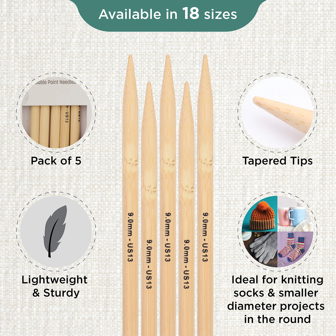 Set of 5 KnitPro bamboo double pointed knitting needles, 20cm, 9mm