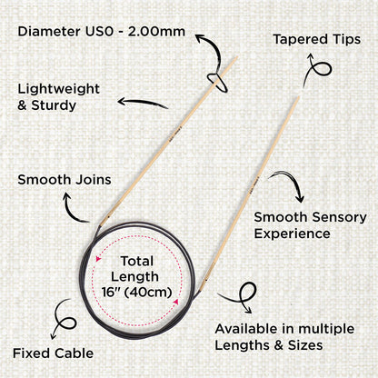 KnitPro bamboo fixed circular knitting needle with black nylon cable, 40cm, 2mm
