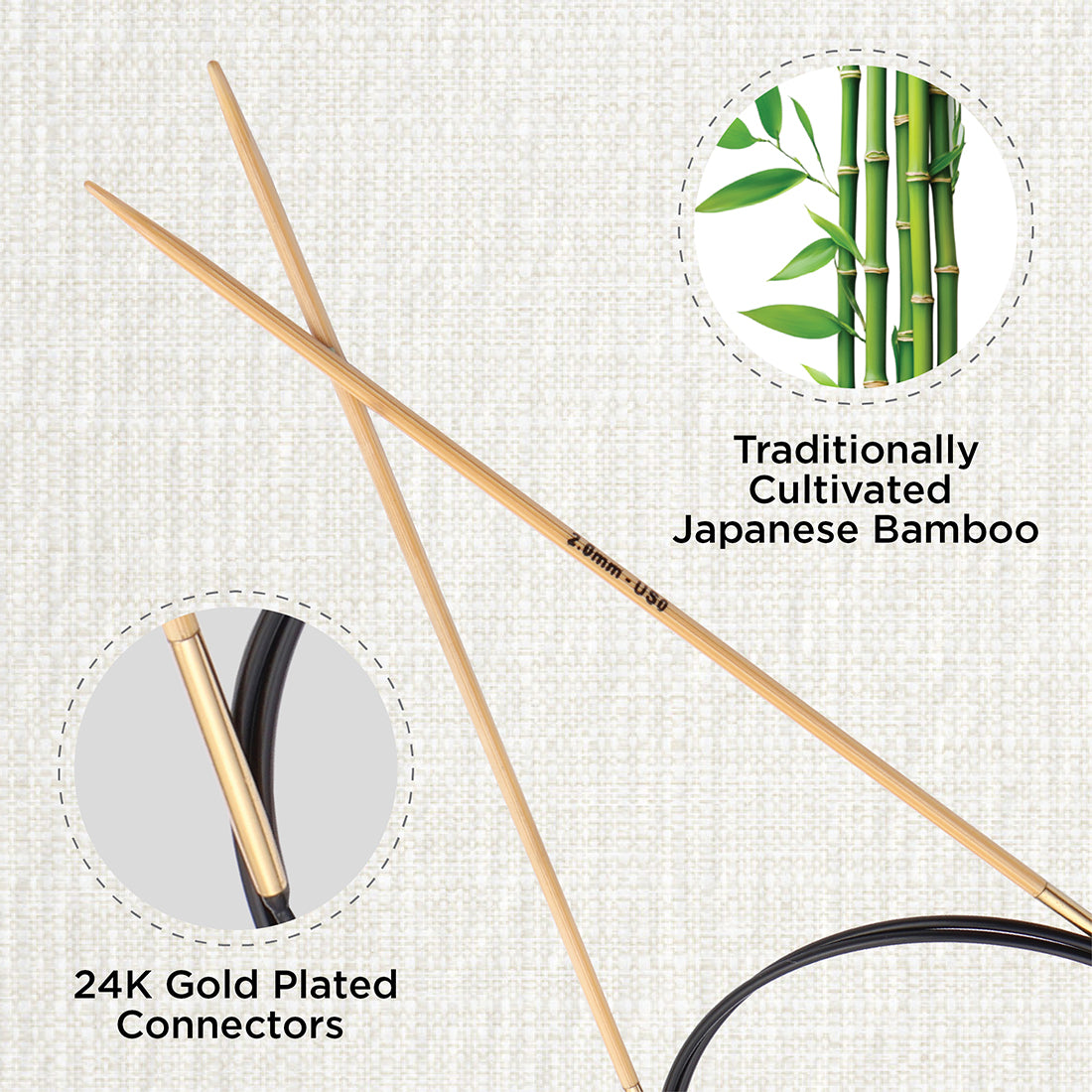 KnitPro bamboo fixed circular knitting needle with black nylon cable, 40cm, 2mm