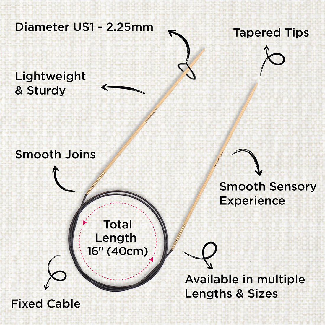 KnitPro bamboo fixed circular knitting needle with black nylon cable, 40cm, 2.25mm