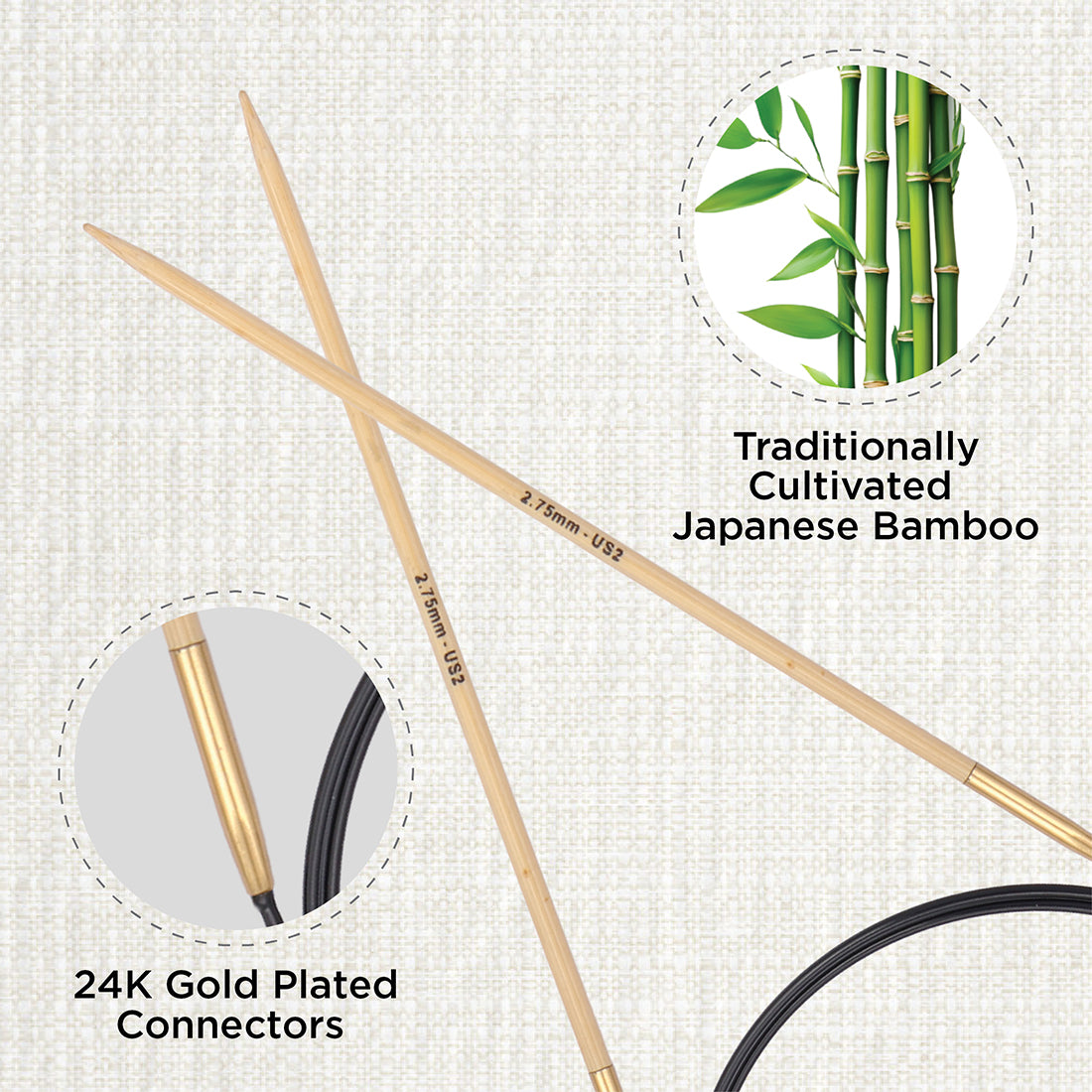 KnitPro bamboo fixed circular knitting needle with black nylon cable, 40cm, 2.75mm